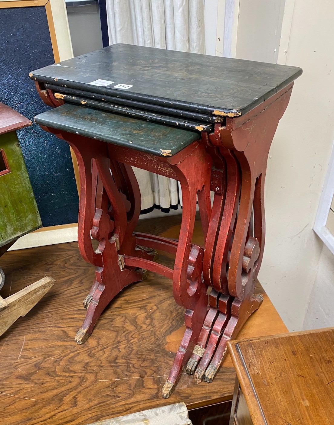 A quartetto of rectangular chinoiserie lacquered tea tables, width 49cm, depth 31cm, height 71cm